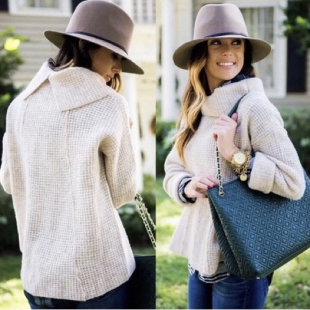 Free People Wool Chunky waffle Knit oversized Sweater Cowl Neck Cuffed Beige S